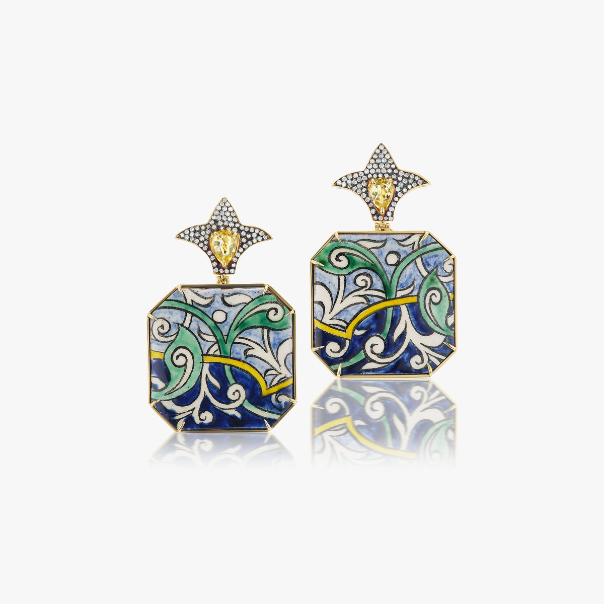 Ceramic earrings with diamond and yellow beryl