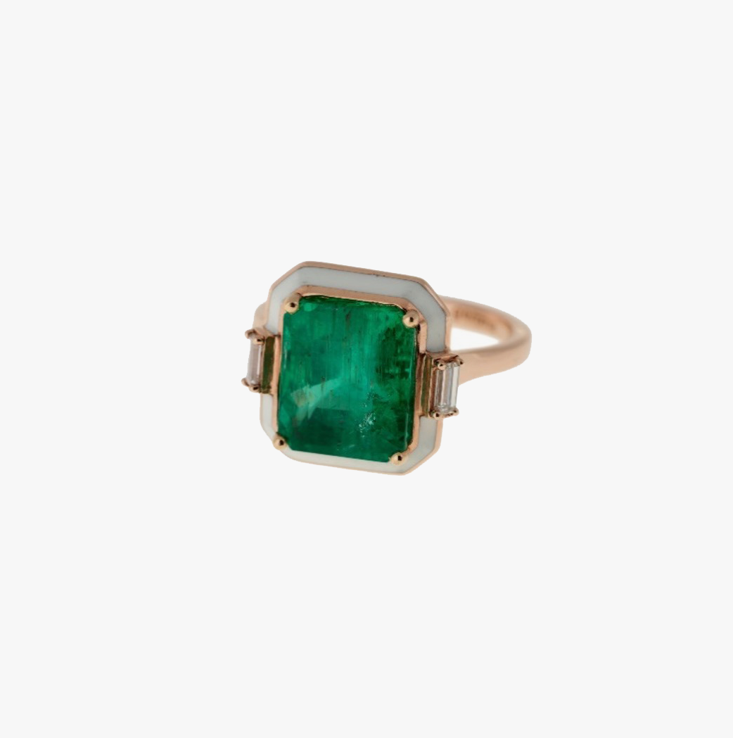 Emerald and diamond ring with ivory enamel