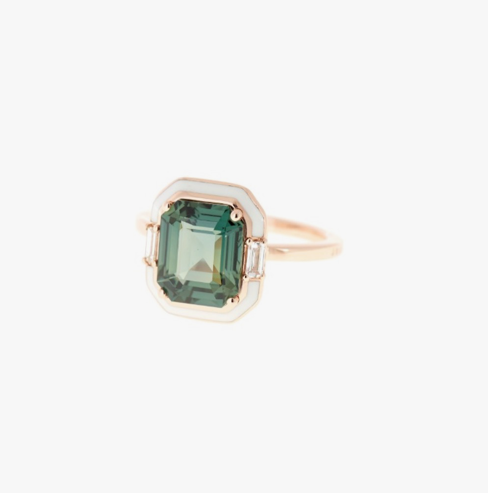 Green sapphire and diamond ring set with ivory enamel
