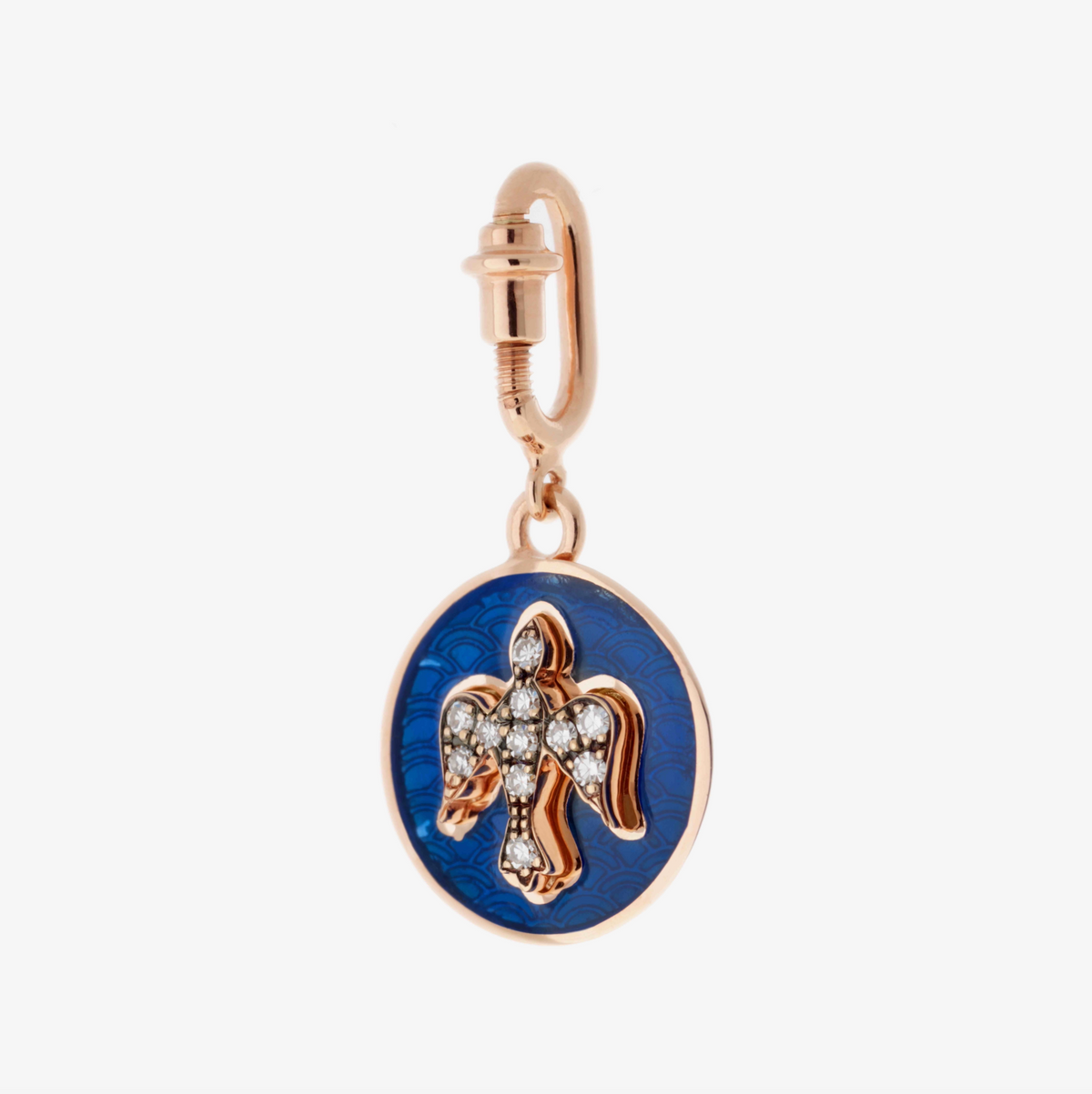 Diamond dove Charm in pink gold and blue enamel
