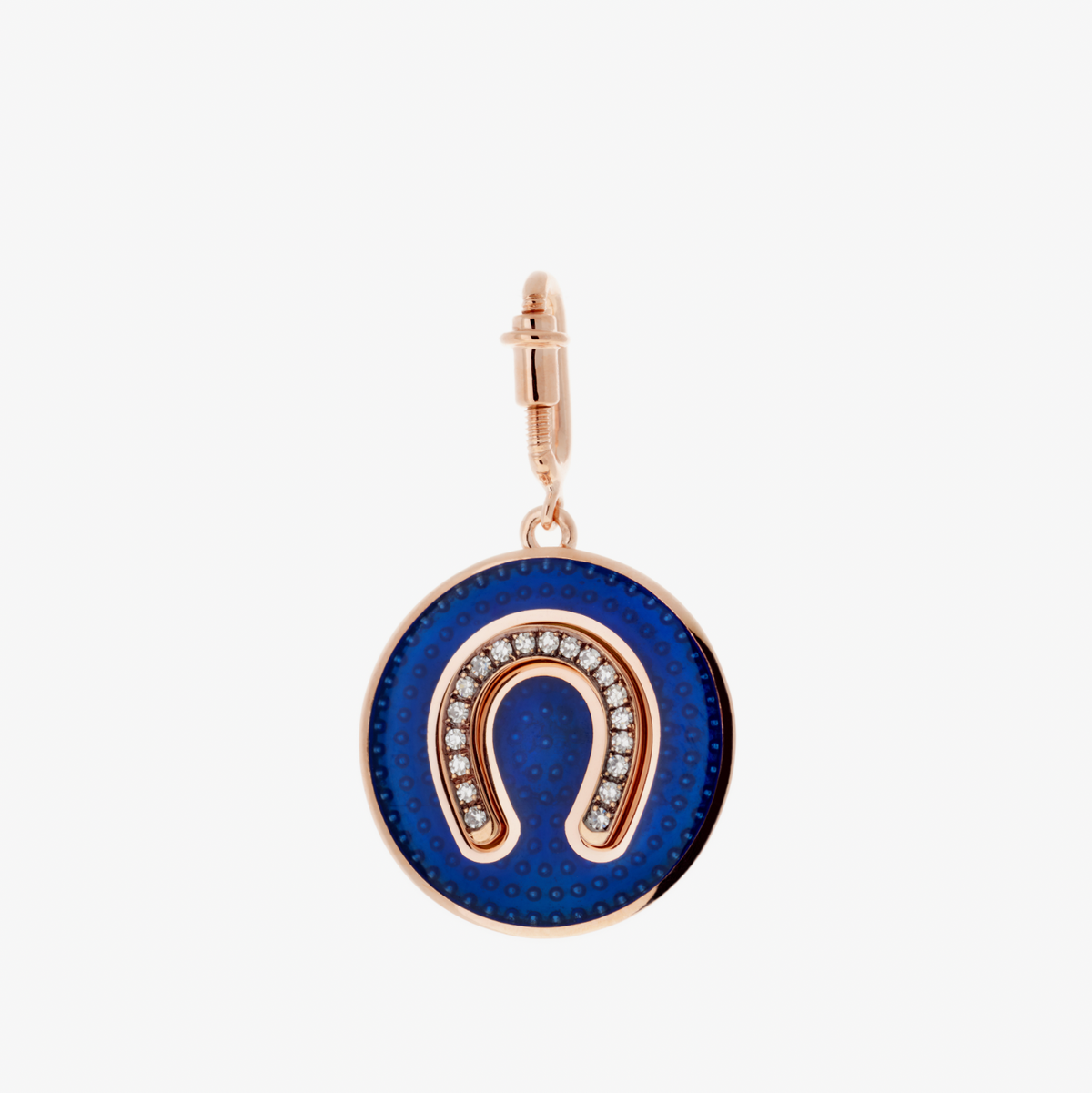 Diamond horseshoe charm in pink gold and blue enamel