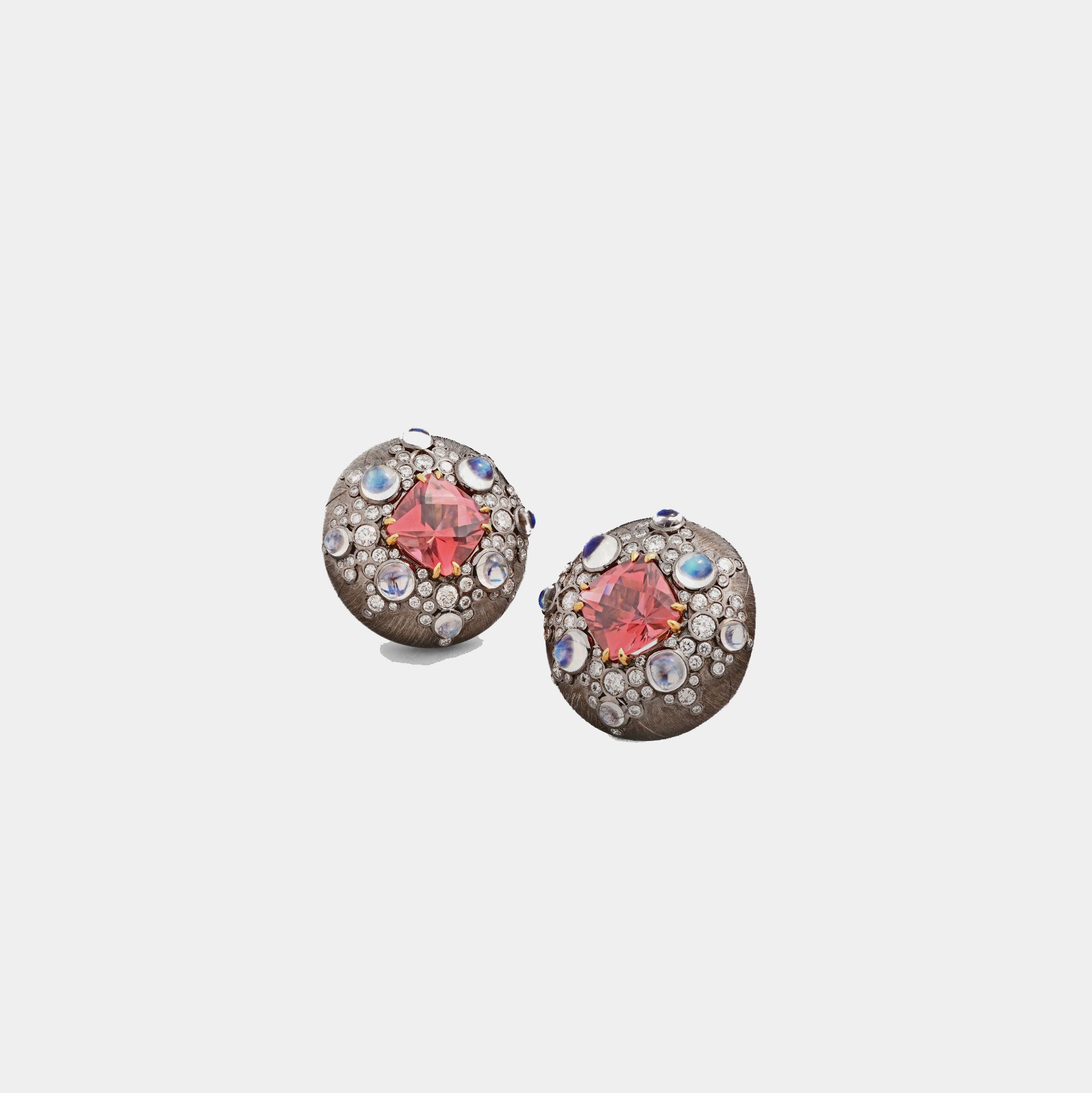 Constellation button earrings with cushion cut tourmalines, moonstone and diamonds