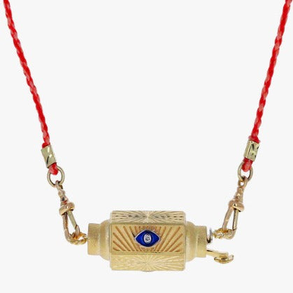 Blue 14k yellow gold evil eye locket with diamonds and enamel detailing on the red and orange Mauli pearl necklace