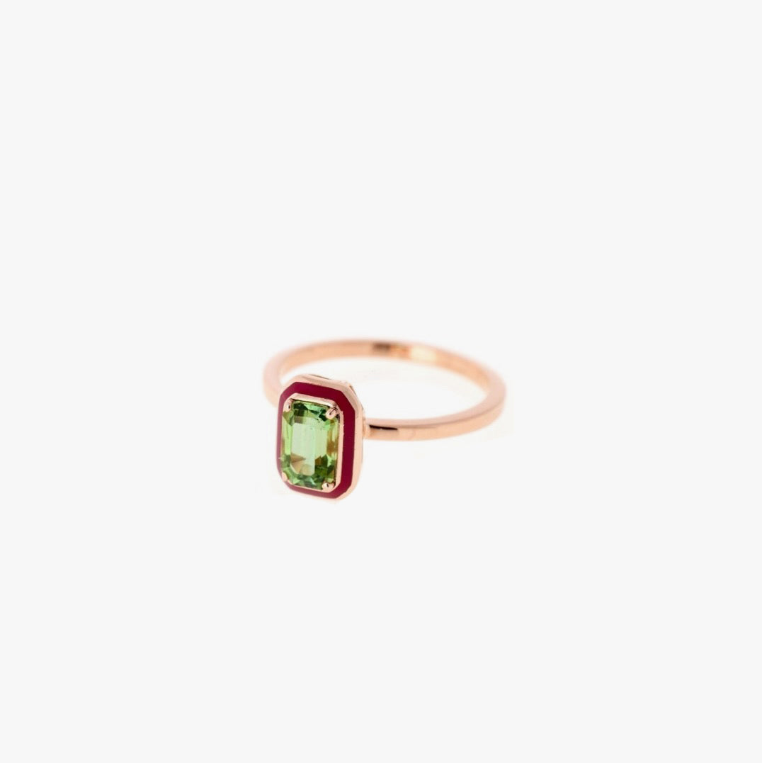 Gemma ring in pink gold and raspberry enamel set with green tourmaline