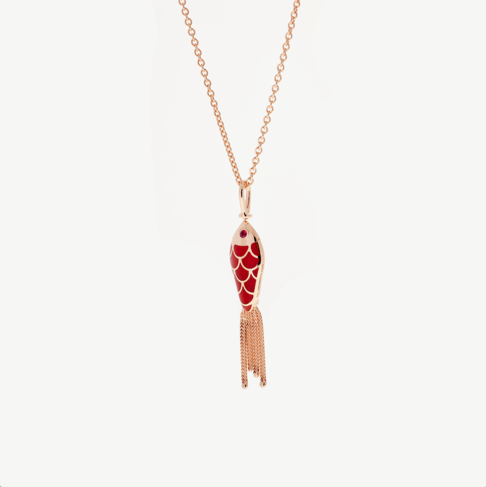 Pendant in Pink Gold, Ivory & Rusty Red Enamel set with Rubies