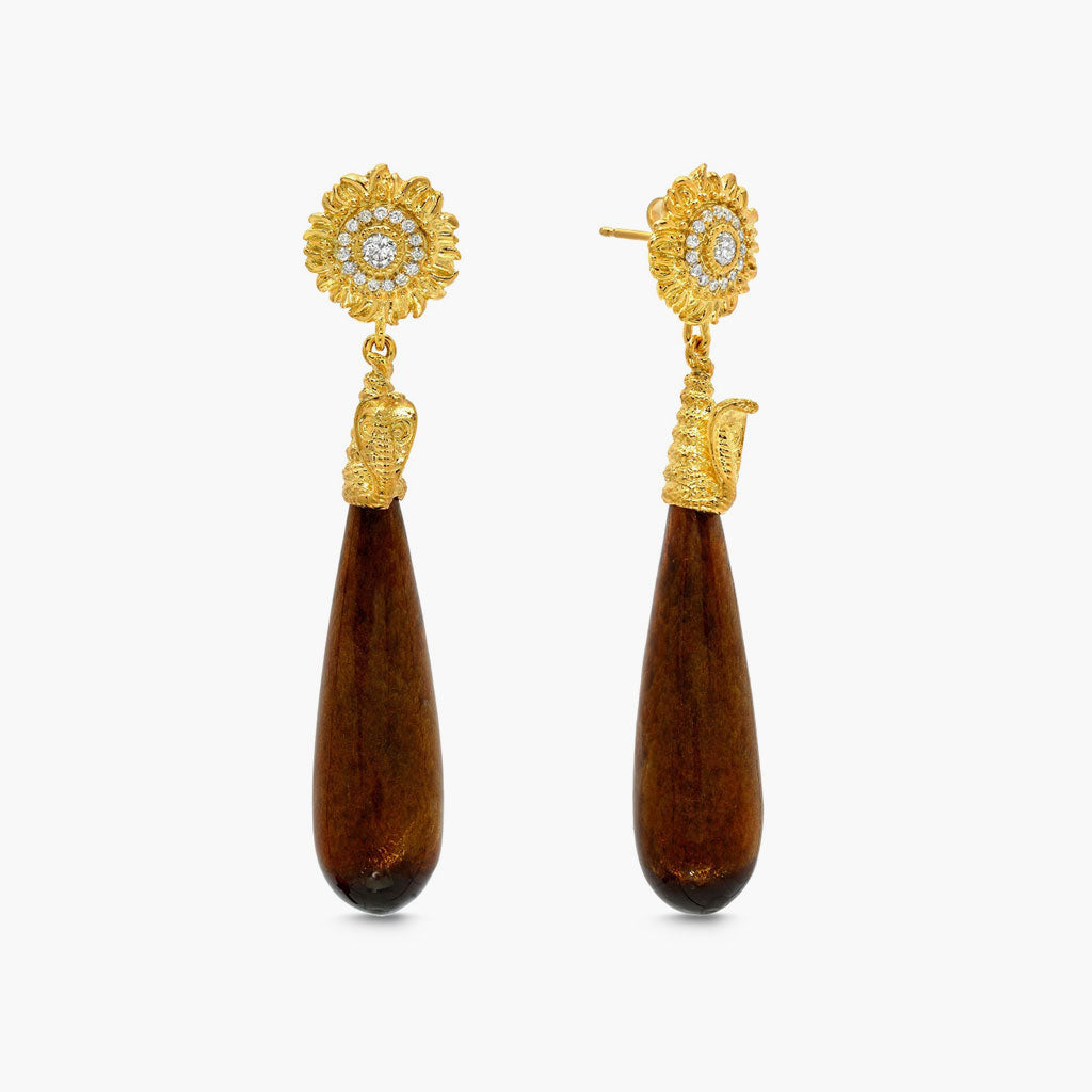 Gold Coral Drop Earrings with Diamond Sunflower Studs